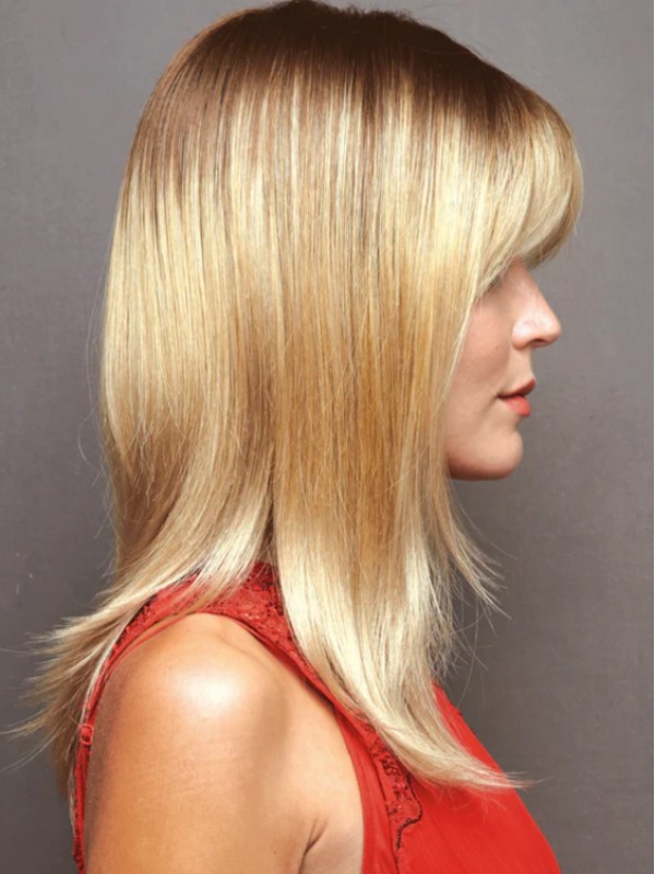 Lange Blonde Perücken Aus 100 % Echthaar Mit Pony Für Damen