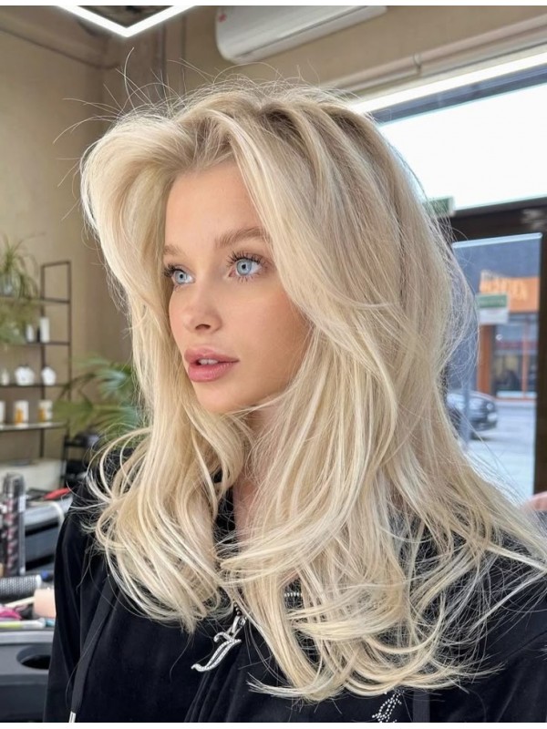 Lange 16" Front Lace Perücken Geschichtet Platinblond Perücke Echthaar